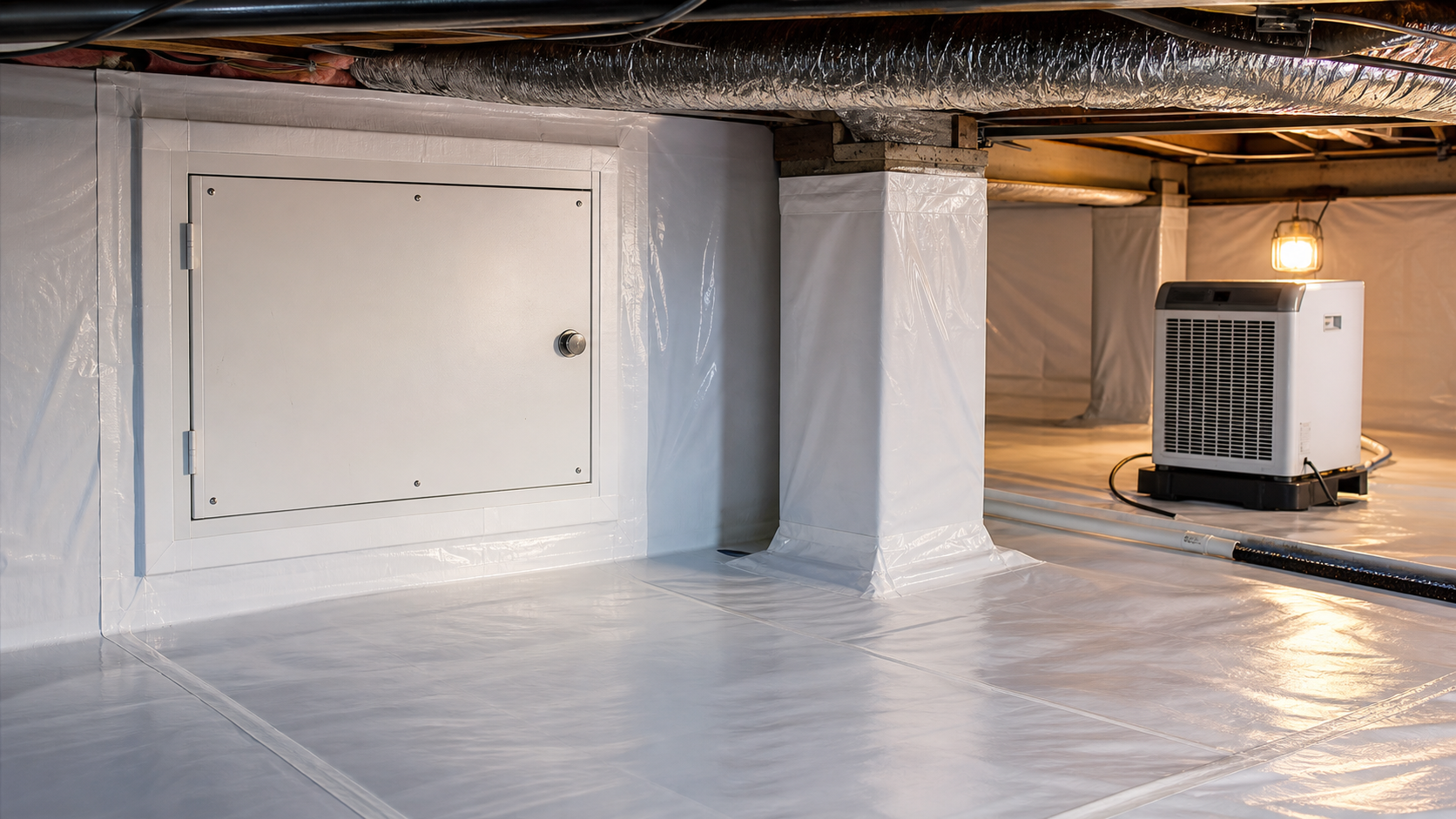 Crawl space access opening with a dehumidifier inside in Roanoke, VA