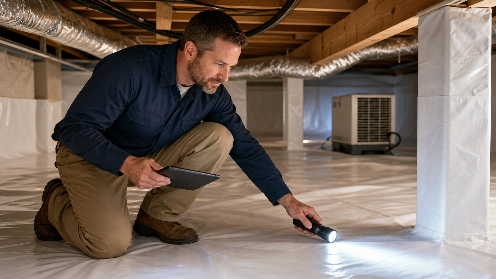 Crawl space technician inspecting a clean encapsulated area in Roanoke, VA