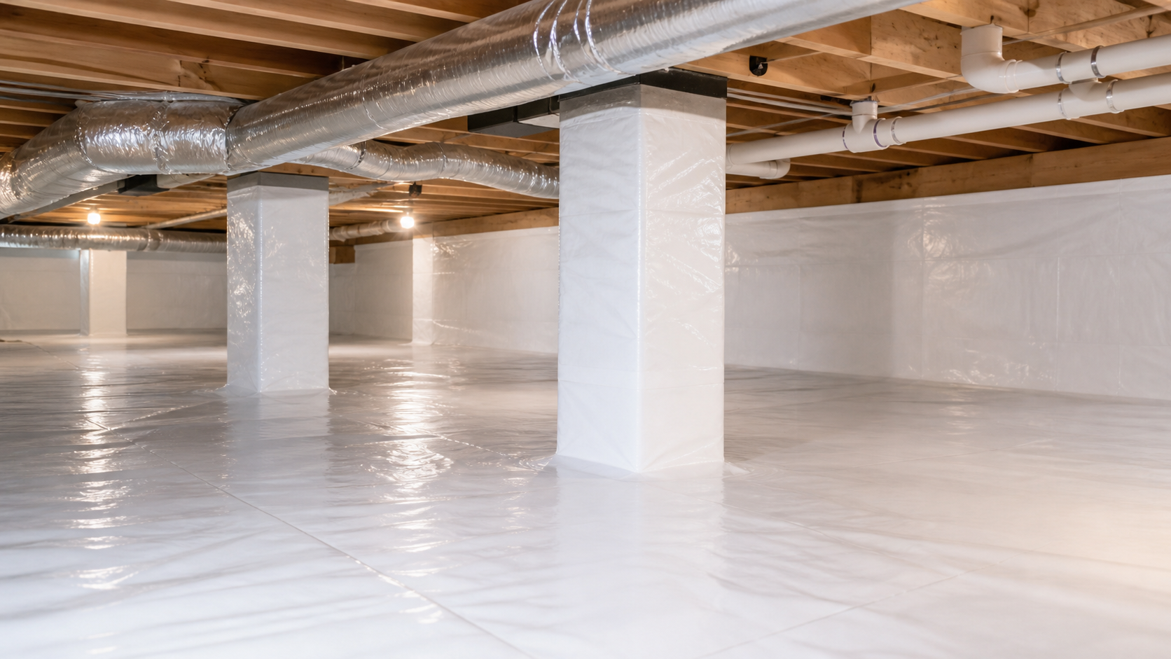 Wide view of a finished white crawl space encapsulation system in Roanoke, VA